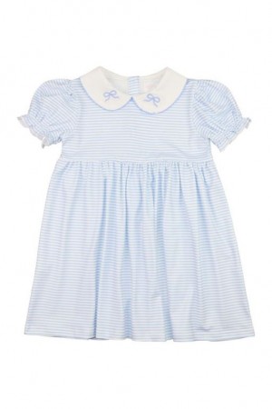 Blue Kids' LoveShackFancy Cecil & Lou Blue Striped Knit Embroidered Bow Dress | OQC-702643