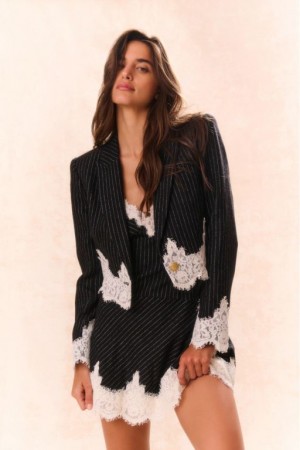 Grey Women LoveShackFancy Icarus Pinstriped Lace-detailed Jackets | JGR-058193