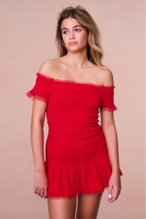 Red Kids' LoveShackFancy Mosa Off-the-shoulder Mini Dress | IUH-952610
