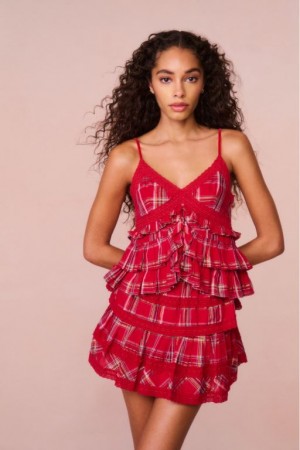 Red Women LoveShackFancy Abbott Tartan Ruffle Tops | BIK-715230