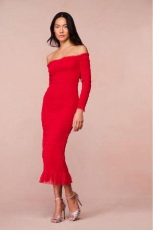 Red Women LoveShackFancy Avelle Smocked Tulle Midi Dress | LAI-796510