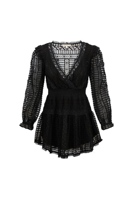 Black Women LoveShackFancy Alonsa Lace-detailed Mini Dress | OEJ-439087