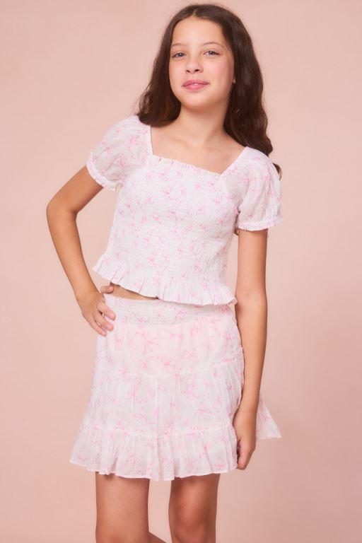 Pink Kids\' LoveShackFancy Fabielle Bow Print Tops | YLG-987213