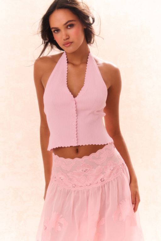 Pink Women LoveShackFancy Eterna Halter Knit Tops | WAT-217950