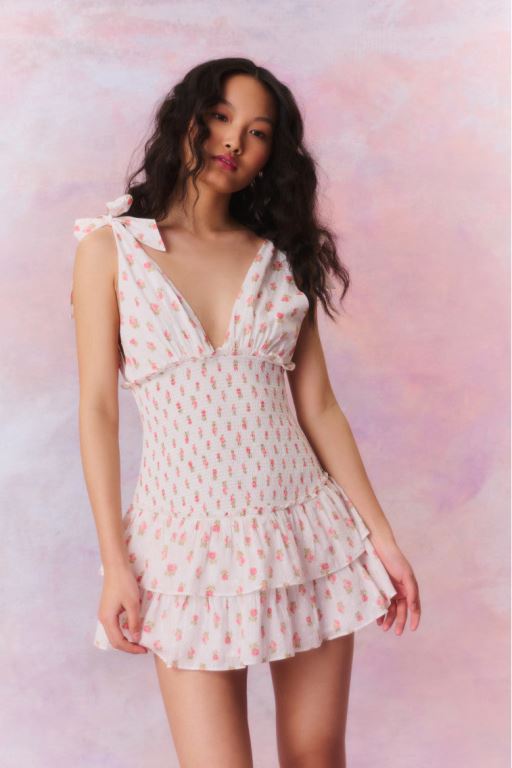 White Multicolor Women LoveShackFancy Rossi Cotton Floral Smocked Mini Dress | AFZ-302781